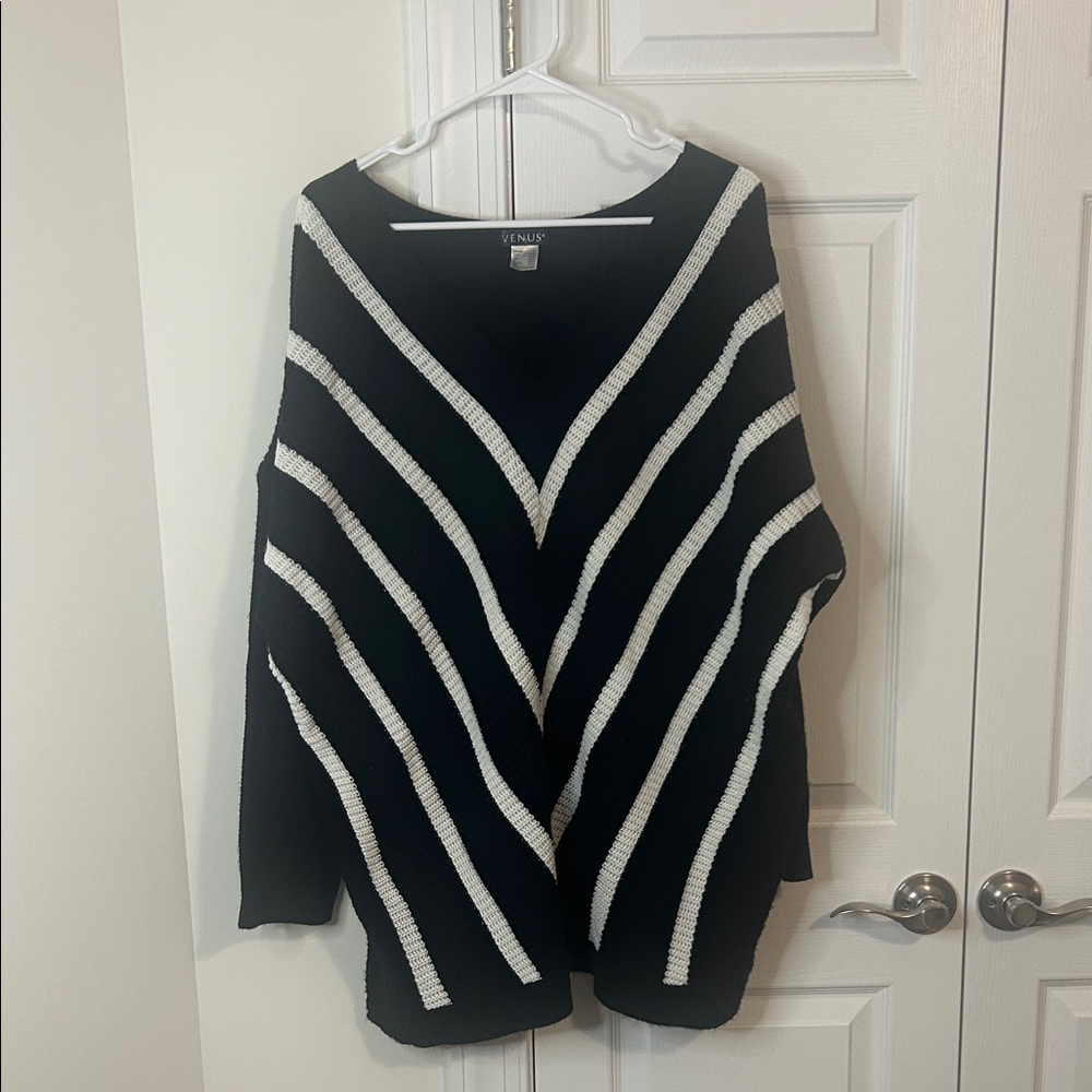 Venus V-Neck Sweater in Black and White Stripes - Size 1X